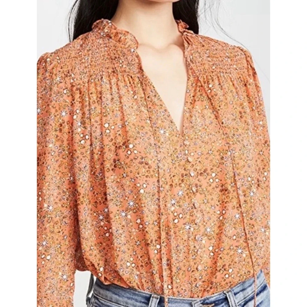 Free People Rare Feelings Blouse Orange Floral Smocked V-Neck Top OB1010657 S